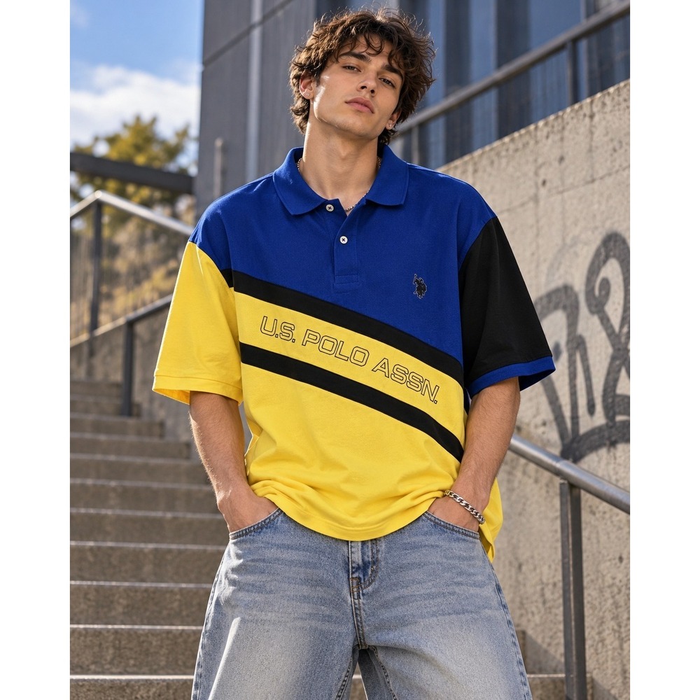 U.S. Polo Assn Men's 2XL Colorblock Polo Shirt Blue Yellow Black Y2K Spellout